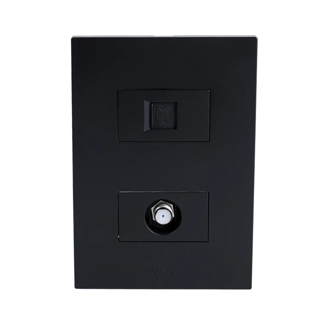 PLACA ARMADA TOMA TV TIPO F + TOMA RJ-11 TELEFONO MATTE NEGRO ORANGE5