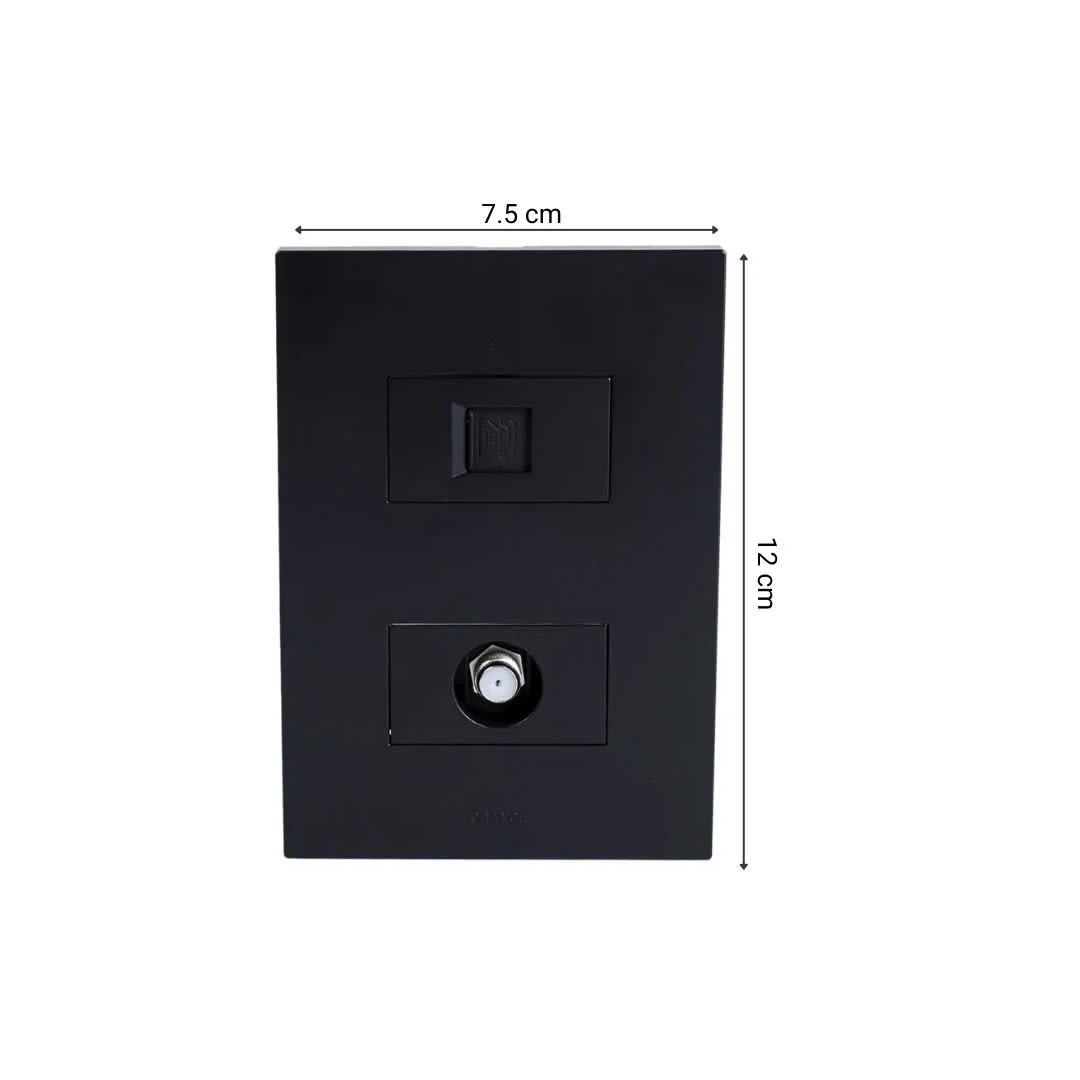 PLACA ARMADA TOMA TV TIPO F + TOMA RJ-11 TELEFONO MATTE NEGRO ORANGE7