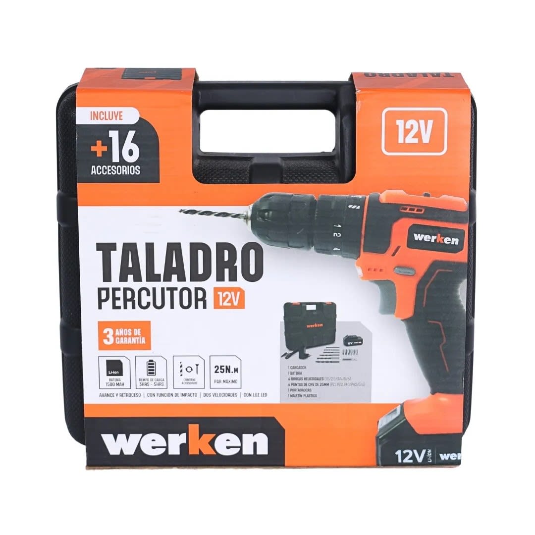 TALADRO PERCUTOR KF-CD09-33PZ-BMC 12V 1.5 AH + 16 ACCESORIOS WERKEN10