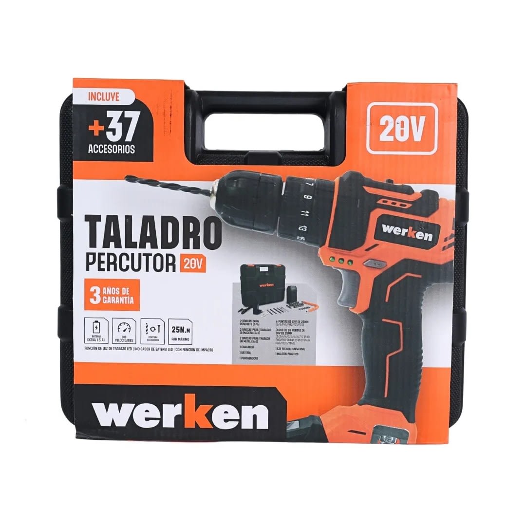 TALADRO PERCUTOR KF-CD2110-34PZ-BMC 20V 1.5 AH + 37 ACCESORIOS WERKEN10