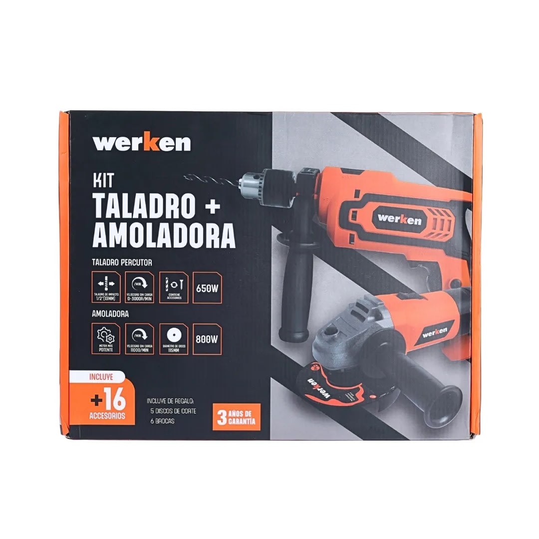 TALADRO KF-AG15+KF-ID21-BMC 650W + AMOLADORA 800W + 16 ACCESORIOS WERKEN5
