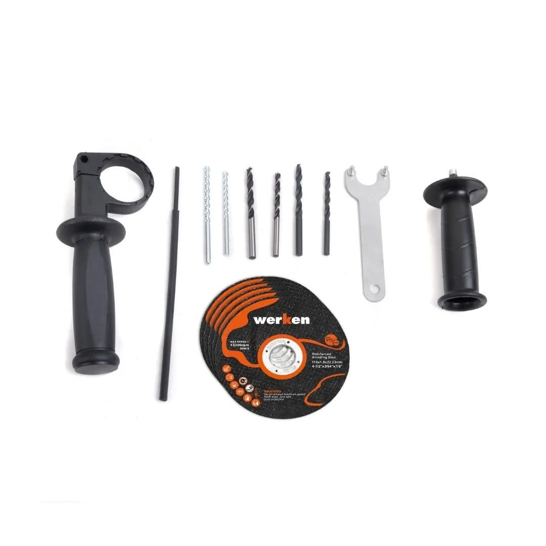 TALADRO KF-AG15+KF-ID21-BMC 650W + AMOLADORA 800W + 16 ACCESORIOS WERKEN11