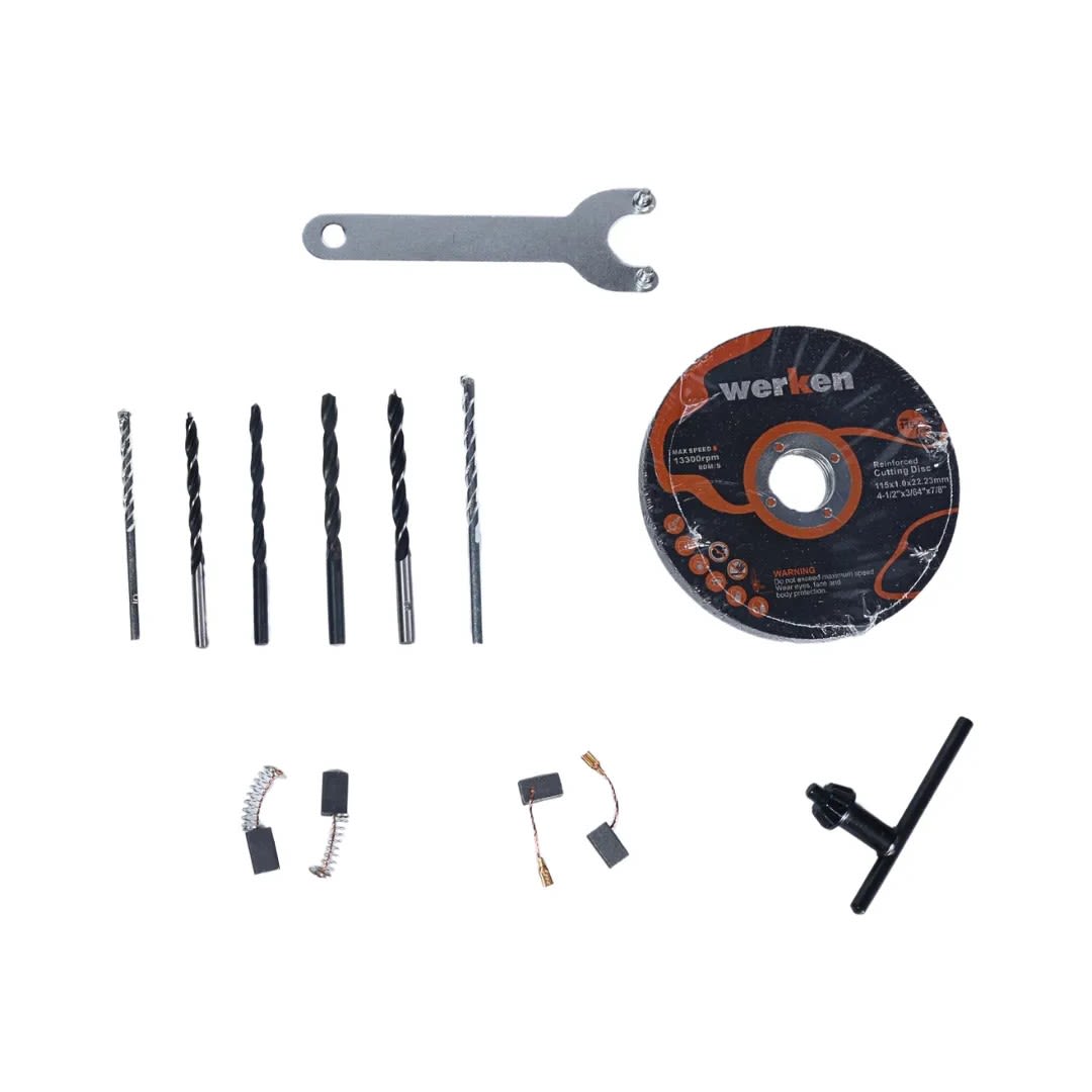 TALADRO KF-AG15+KF-ID21-BMC 650W + AMOLADORA 800W + 16 ACCESORIOS WERKEN13