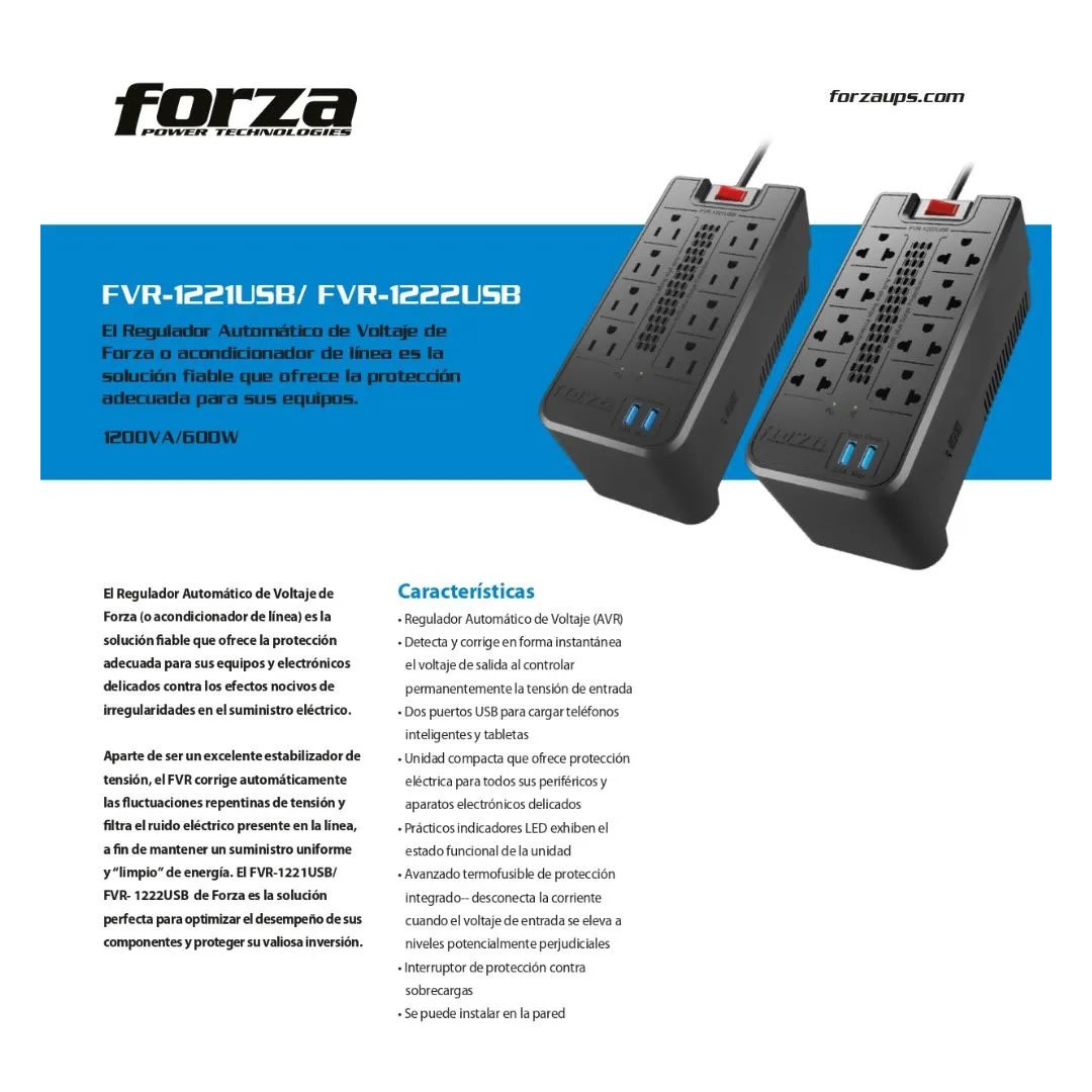 ESTABILIZADOR 1200VA/600W 8T 2 USB FVR1222USB FORZA6