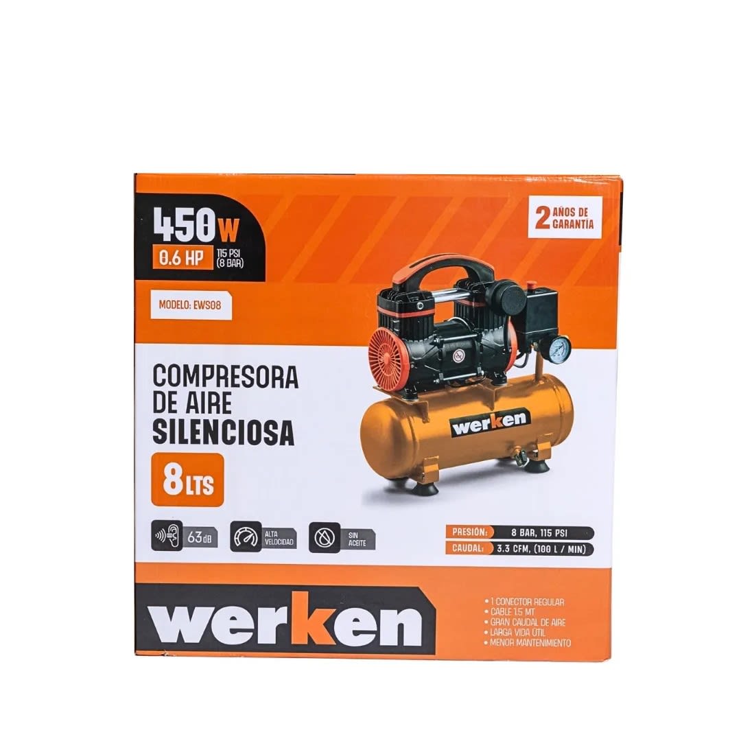 COMPRESORA DE AIRE SILENCIOSO EWS08 0.6HP 8 LITROS EN ACERO NEGRO WERKEN3