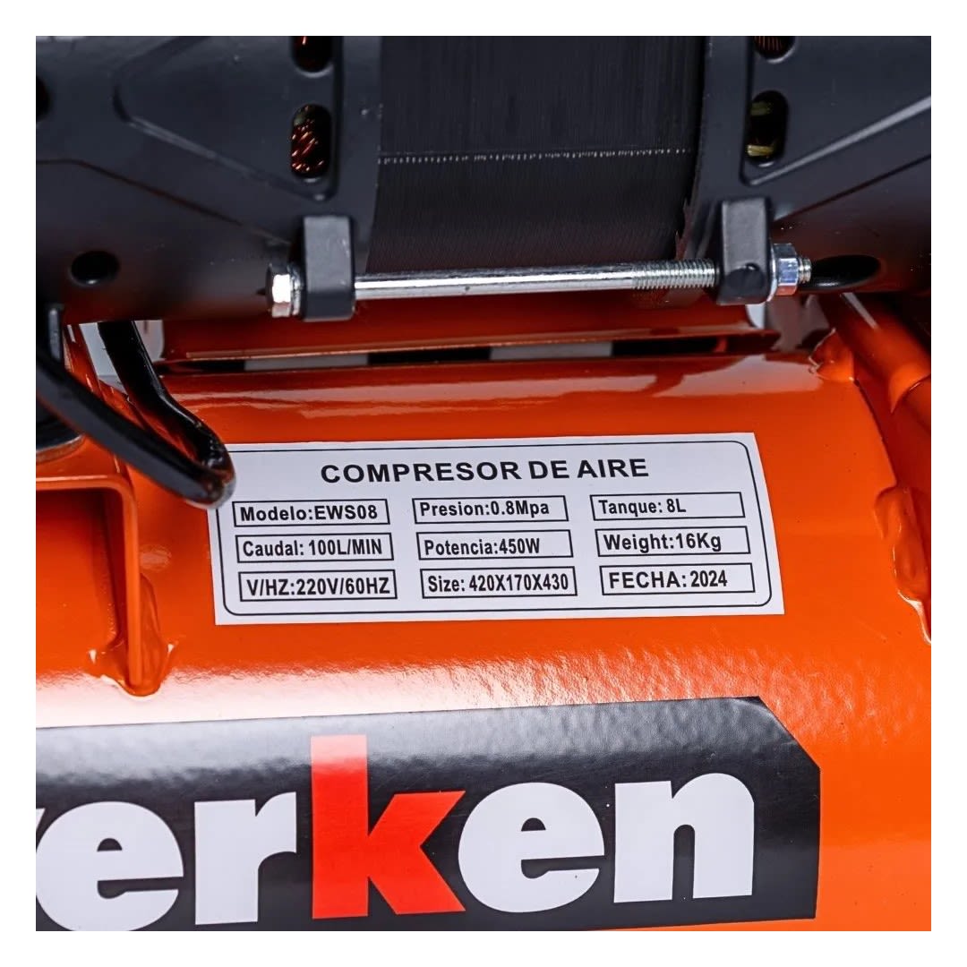 COMPRESORA DE AIRE SILENCIOSO EWS08 0.6HP 8 LITROS EN ACERO NEGRO WERKEN7