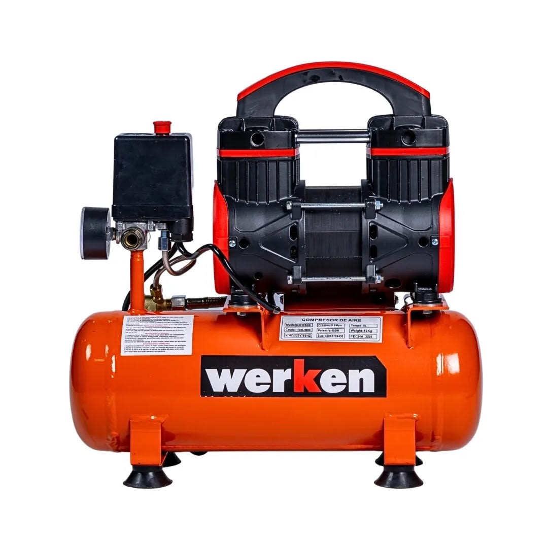 COMPRESORA DE AIRE SILENCIOSO EWS08 0.6HP 8 LITROS EN ACERO NEGRO WERKEN8