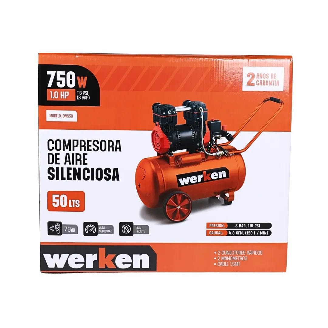 COMPRESORA DE AIRE SILENCIOSO 1HP 50 LITROS WERKEN3