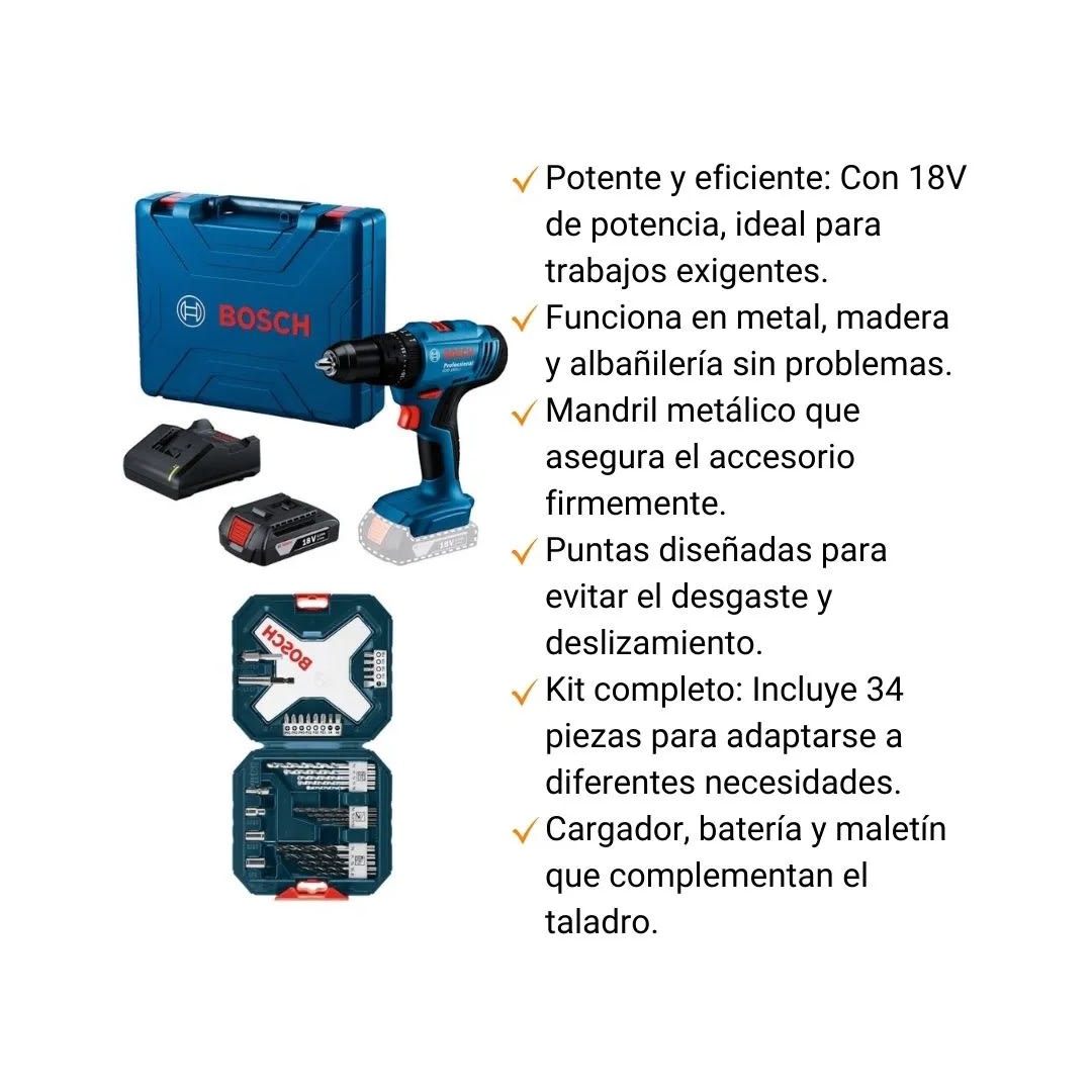 TALADRO PERCUTOR GSB 183-LI 18V + 1 BATERIA + SET X-LINE 34 PIEZAS BOSCH8