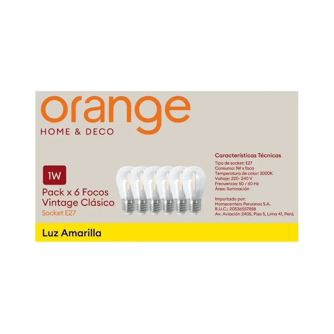 FOCO VINTAGE S14 E27 1W LUZ CALIDA CLEAR X 6 UNIDADES ORANGE5