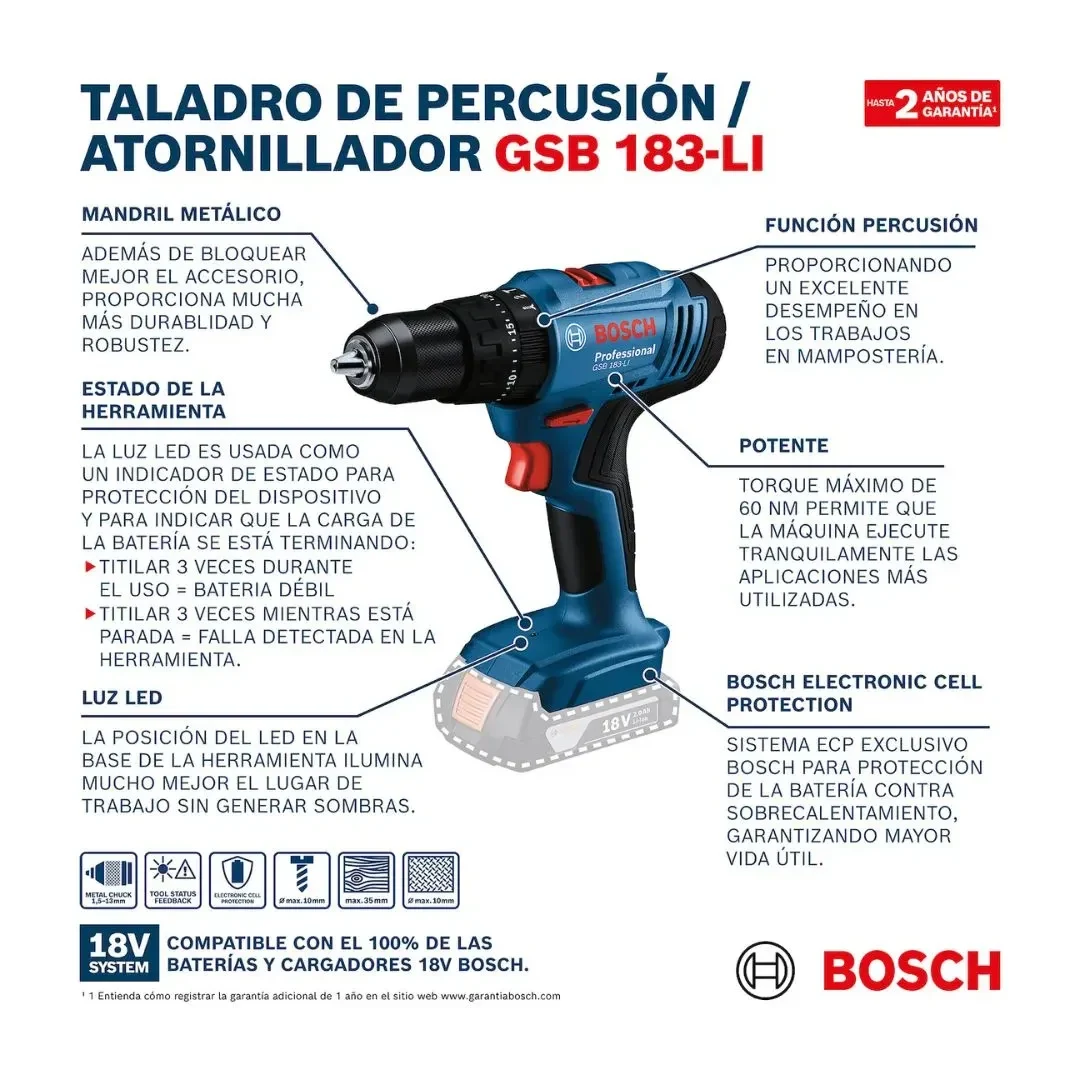 TALADRO PERCUTOR INALAMBRICO GSB 183-LI + BATERIA + CARGADOR + MALETIN BOSCH7