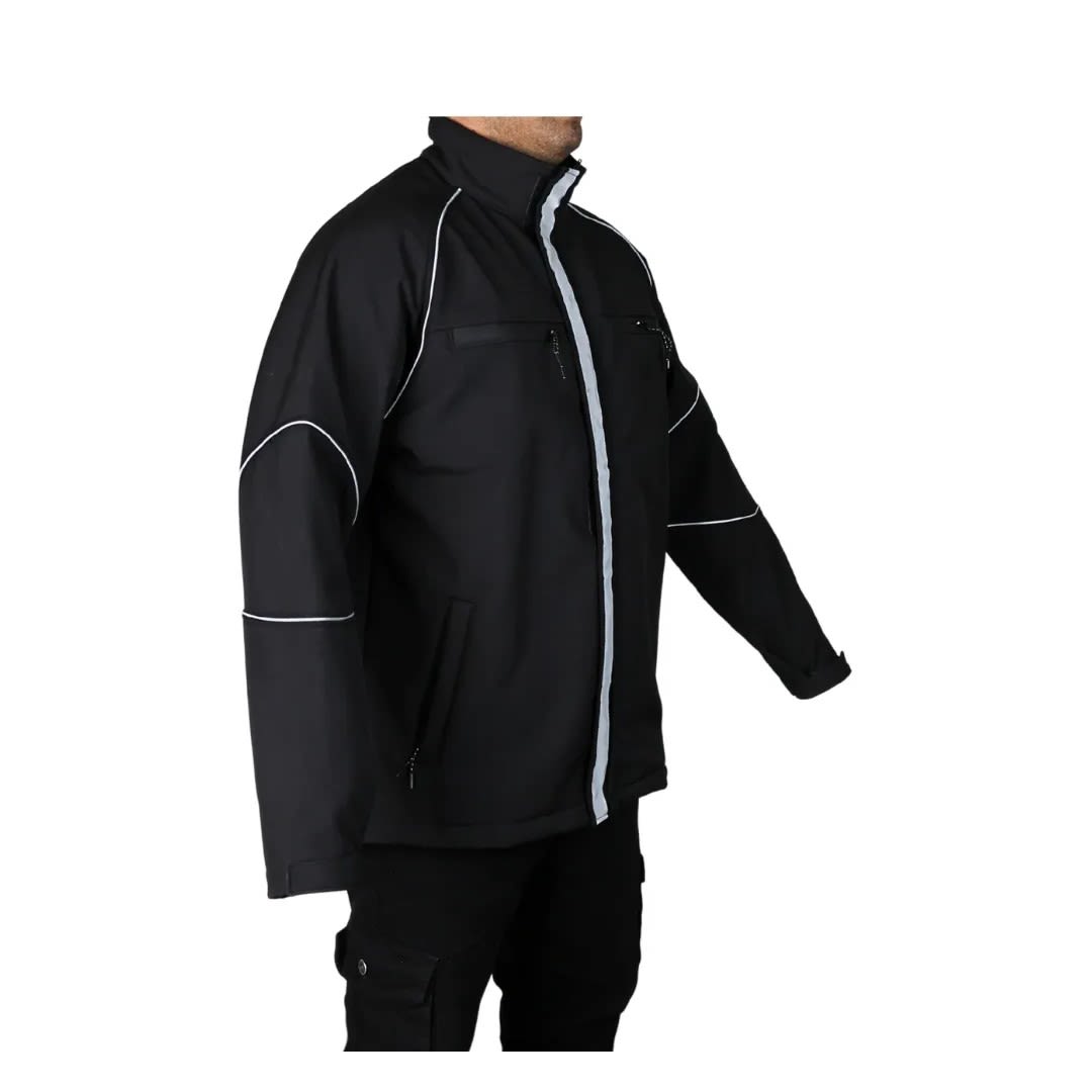 CASACA DE TRABAJO DRILL SOFTSHELL NEGRO RIBETE CINTA REFLECTIVA TALLA XL WERKEN6