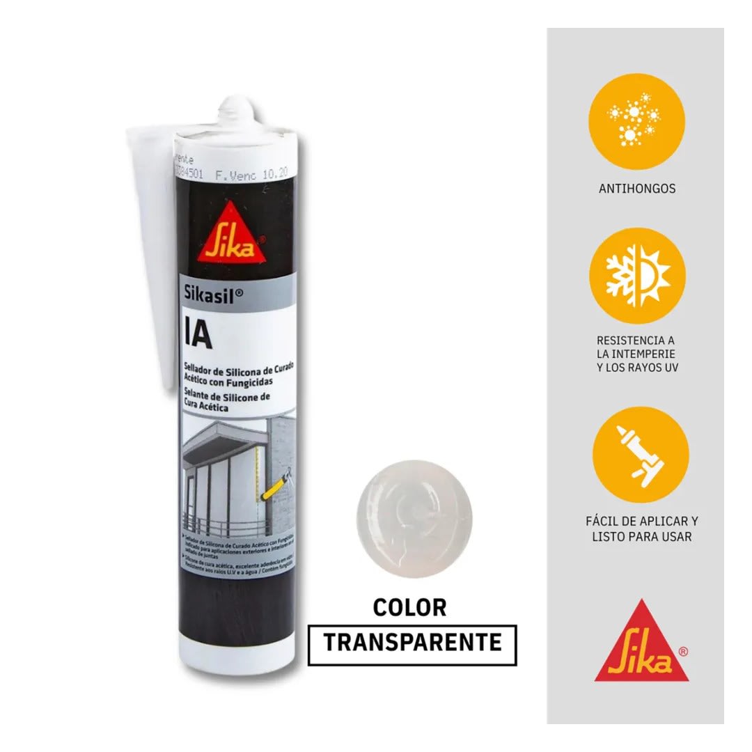 SELLANTE DE SILICONA ACETICA CON FUNGICIDAS SIKASIL IA TRANSPARANTE 280ML SIKA1