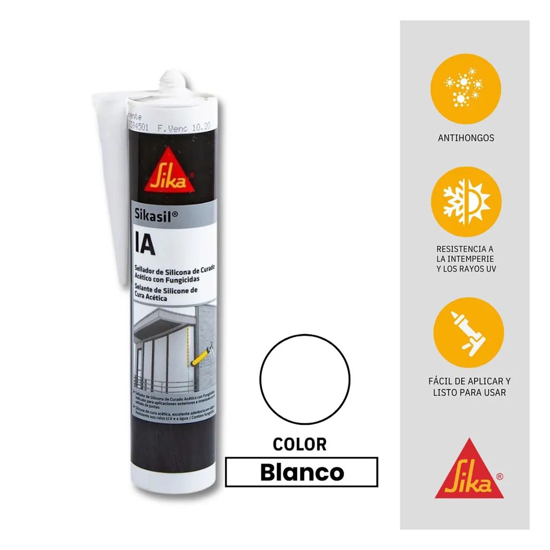 SELLANTE DE SILICONA ACÉTICA CON FUNGICIDAS SIL IA BLANCO 280ML SIKA3