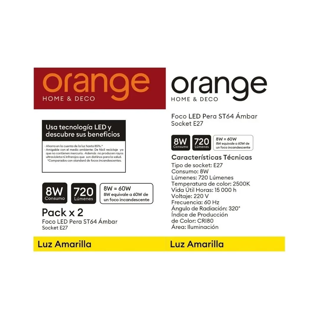 PACK X 2 FOCO LED PERA 8W LUZ CALIDA AMBAR ORANGE7