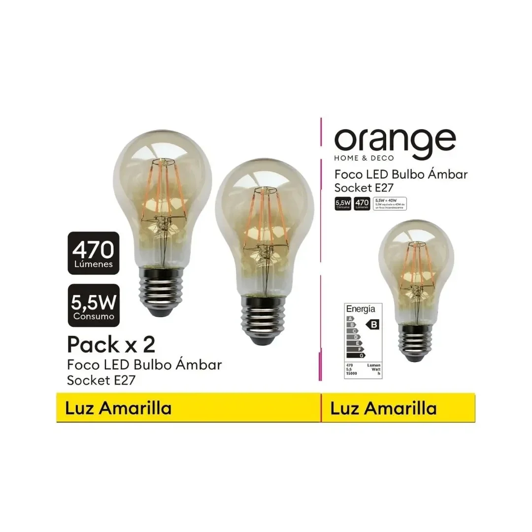 PACK X 2 FOCO LED BULBO 5.5W LUZ CALIDA AMBAR ORANGE7