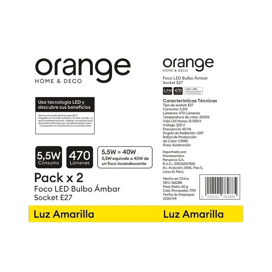 PACK X 2 FOCO LED BULBO 5.5W LUZ CALIDA AMBAR ORANGE8