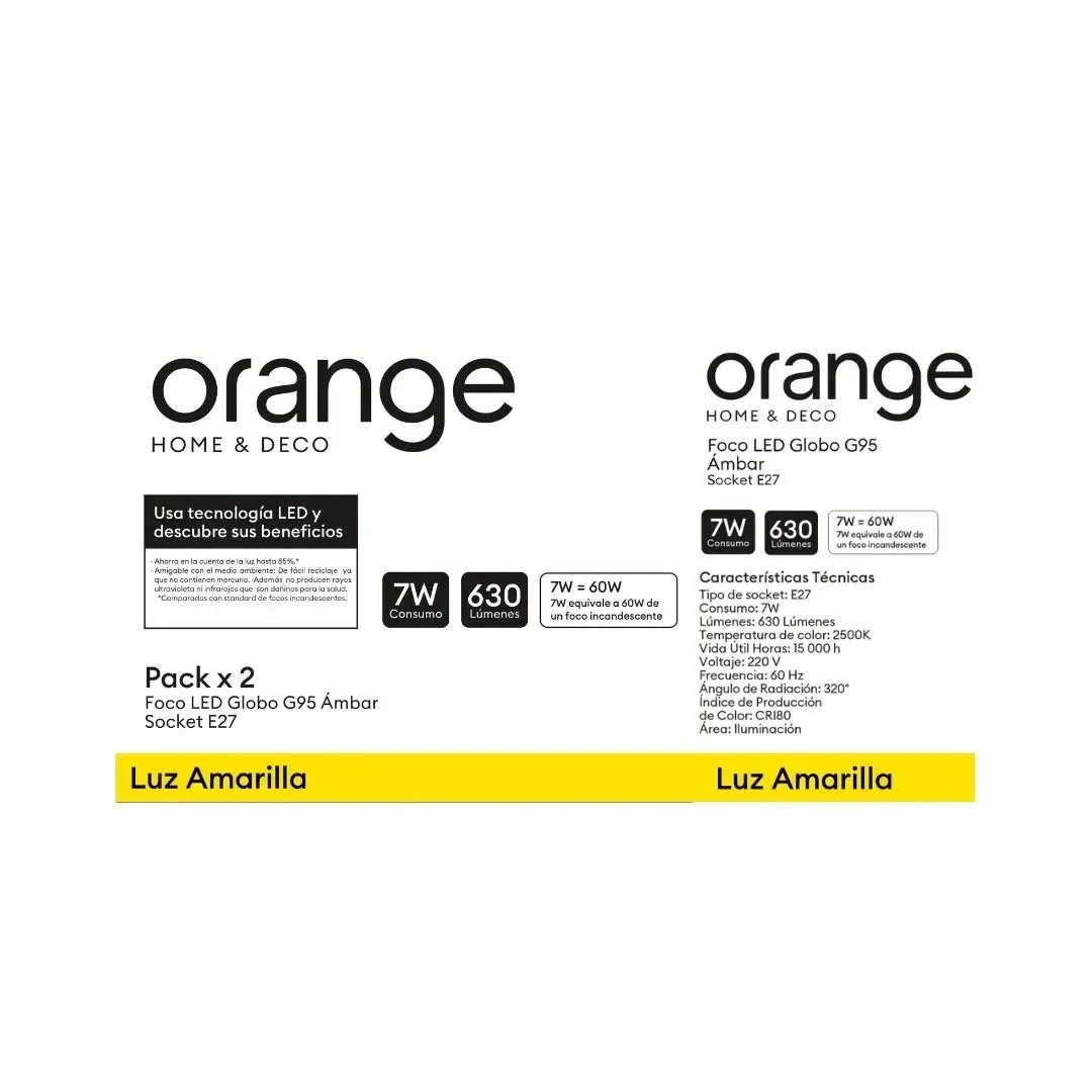 PACK X 2 FOCO LED G95 7W LUZ CALIDA AMBAR ORANGE6
