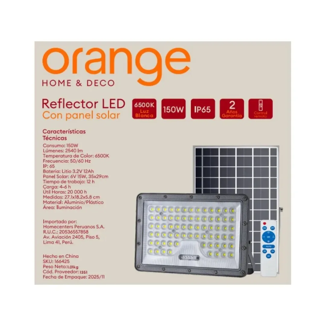 REFLECTOR LED 150W CON PANEL SOLAR ORANGE7