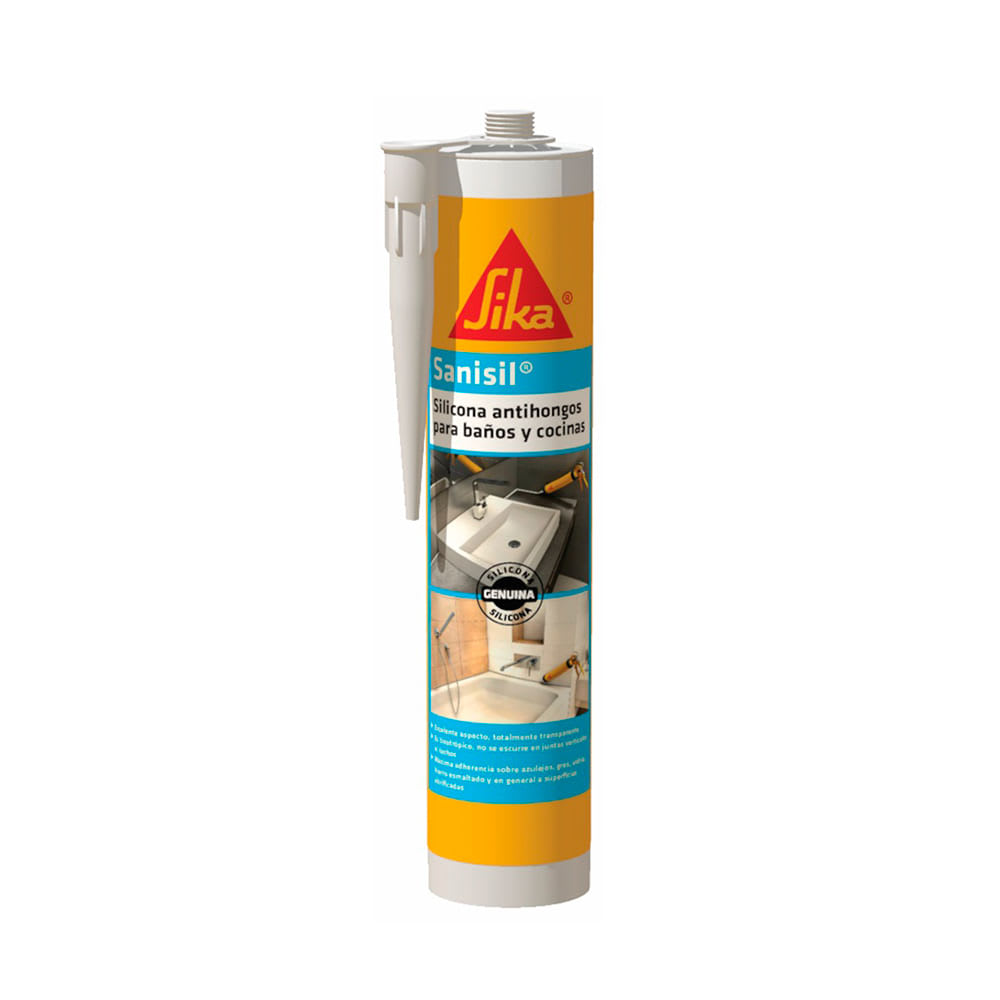 SILICONA SANISIL 280ML RESISTENTE ANTIHONGOS PARA BAÑOS Y COCINAS SIKA