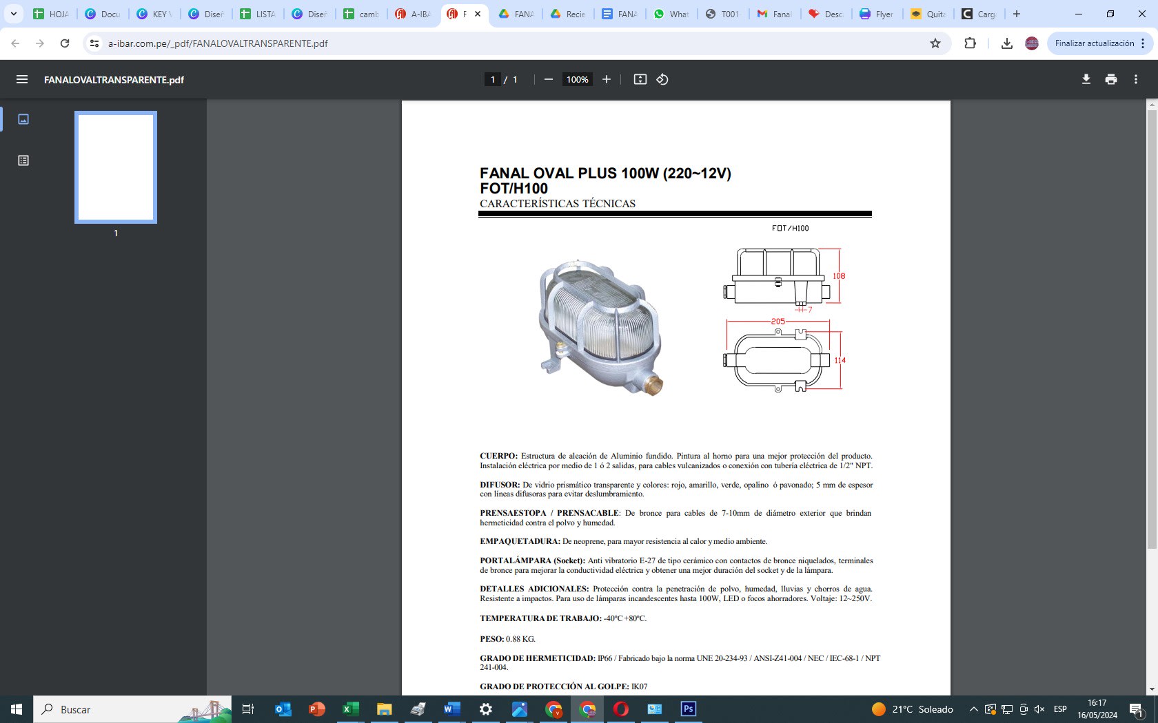 FANAL OVAL DE 100W HERMETICO IP66 NO INCLUYE LAMPARA FOT/H100 AIBAR1