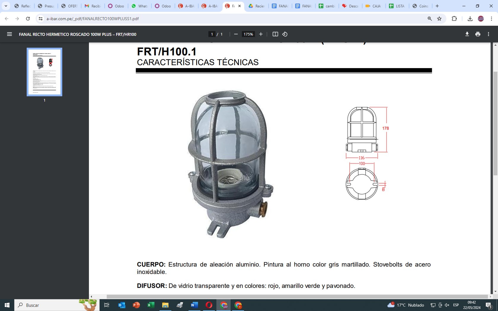 FANAL RECTO DE 100W 2 STOVE BOLTS HERMETICO IP66 NO INCLUYE LAMPARA FRT/H100.1 AIBAR1