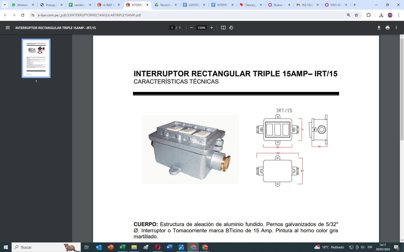 INTERRUPTOR INDUSTRIAL S/TAPA TRIPLE 15A IRT/15 AIBAR1