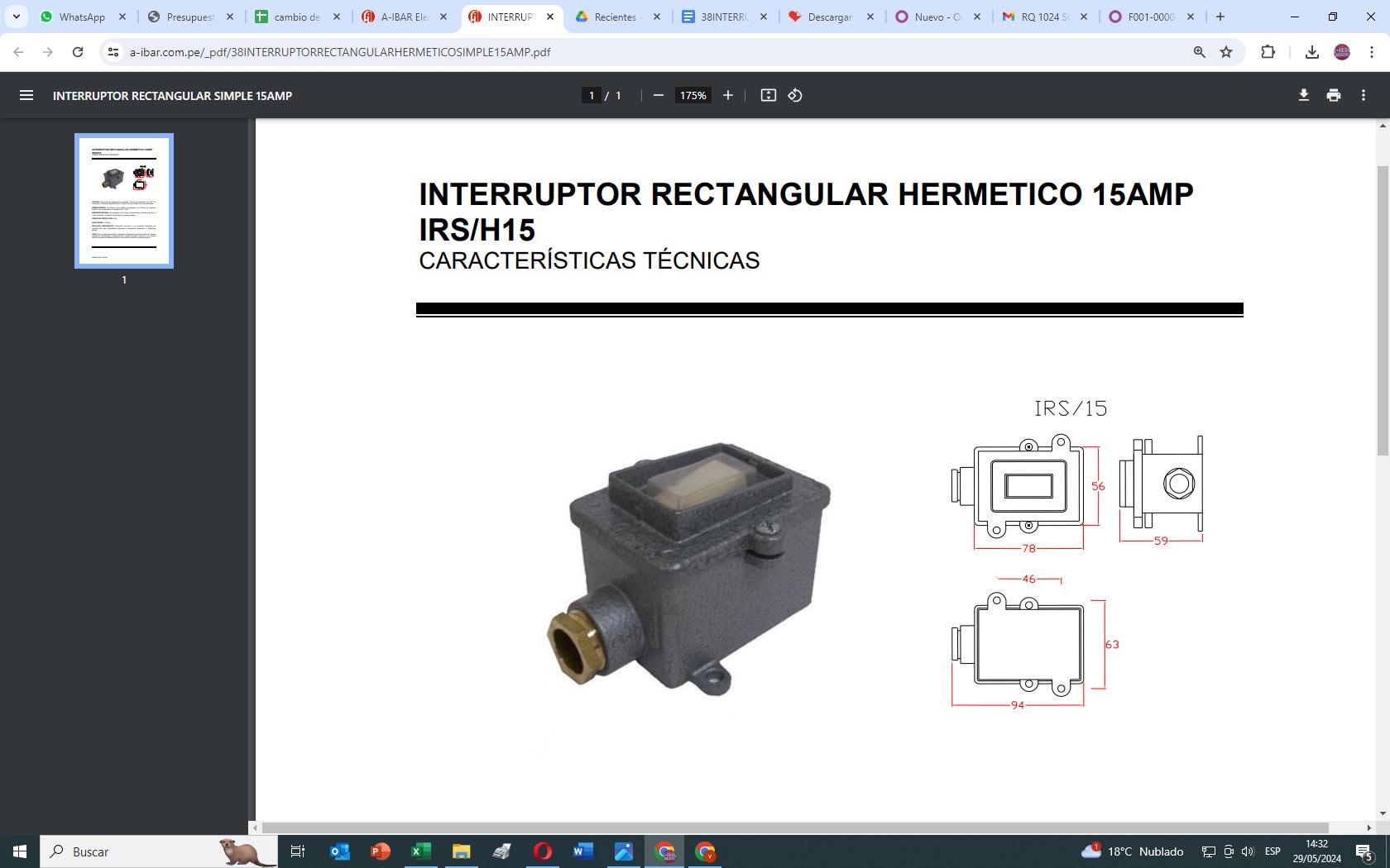 INTERRUPTOR INDUSTRIAL S/TAPA SIMPLE HERMETICO 15A IRS/H15 AIBAR1