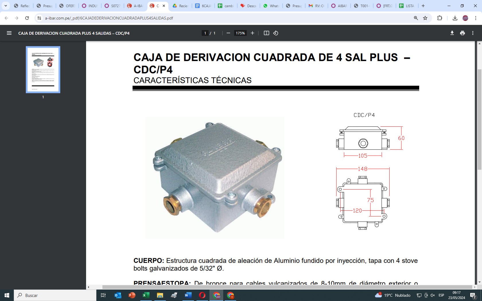 CAJA HERMETICA 105x105x60 mm DE 4 SALIDAS IP66 CDC/P4 AIBAR2