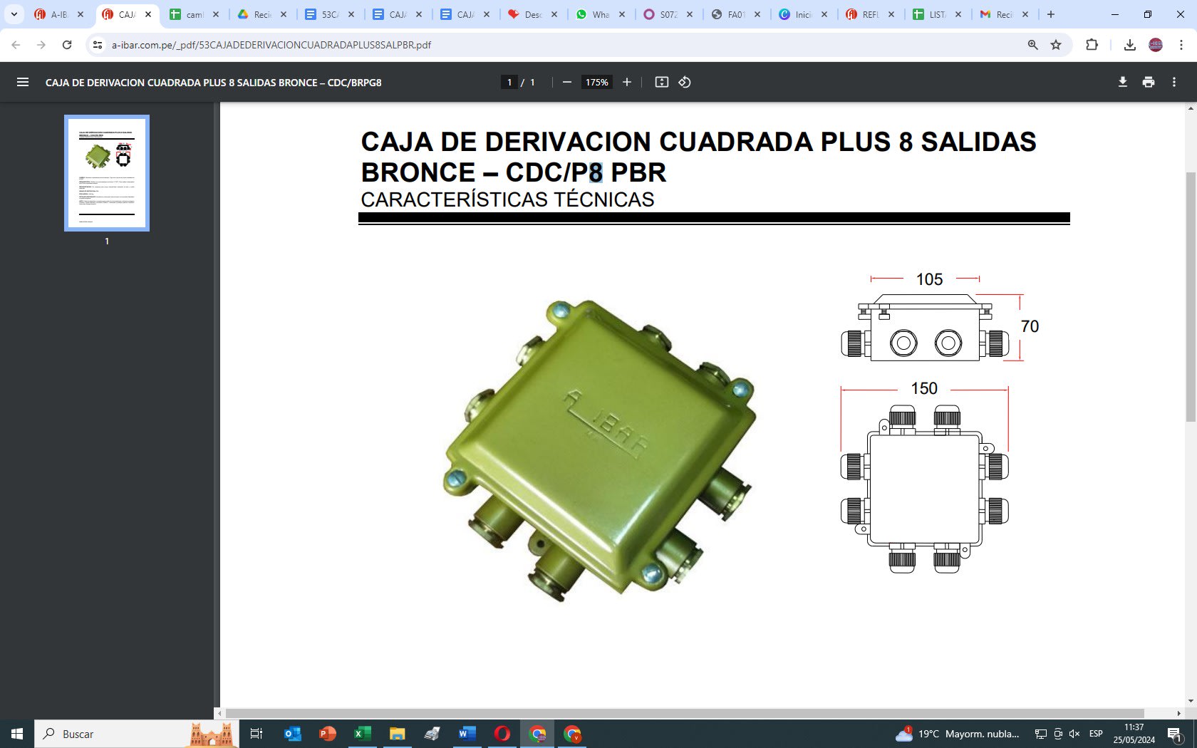 CAJA HERMETICA DE BRONCE 150x105x60 mm DE 8 SALIDAS IP66 CDC/P8 PBR AIBAR1