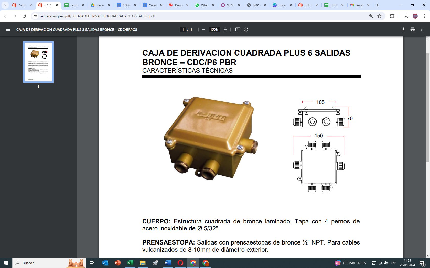 CAJA HERMETICA DE BRONCE 150x105x60 mm DE 6 SALIDAS IP66 CDC/P6 PBR AIBAR1