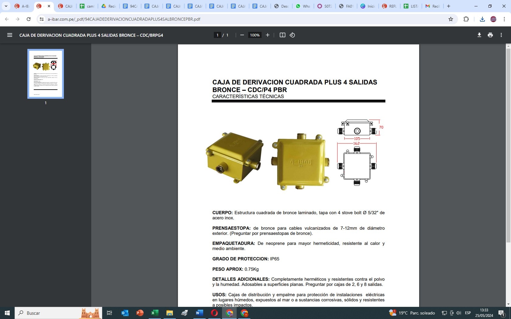 CAJA HERMETICA DE BRONCE 105x105x60 mm DE 4 SALIDAS IP66 CDC/P4 PBR AIBAR2
