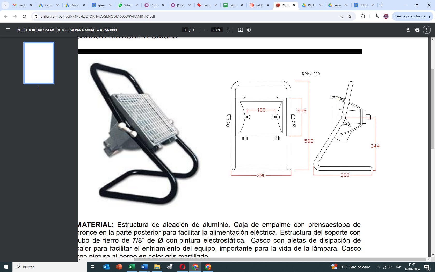 REFLECTOR PARA MINA LUZ HALOGENA CON LAMPARA Y REJILLA DE PROTECCION 1000W IP66 RRM/1000 AIBAR1