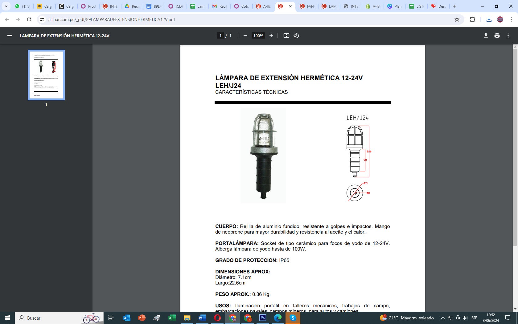 LAMPARA DE EXTENSION HERMETICA 100W 12-24V IP67 LEH/J24 AIBAR1