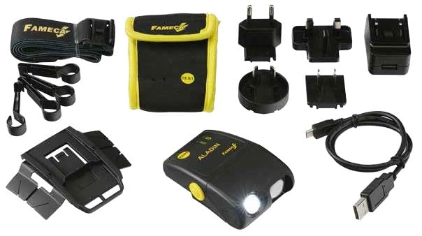 ALARMA INDIVIDUAL DE TENSION CON LINTERNA FRONTAL 87x60x34MM ALADIN PENTA FAMECA