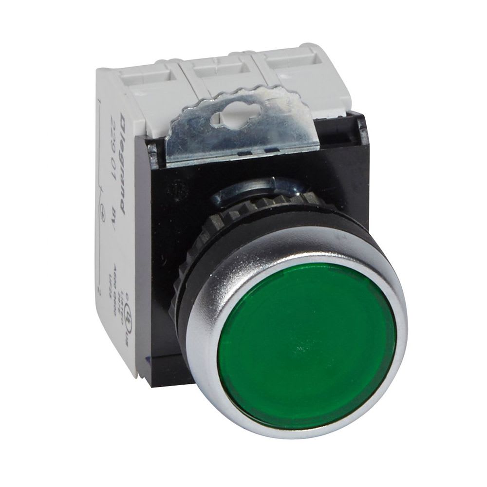 PULSADOR LUMINOSO RASANTE VERDE 22MM 1NA+1NC 23759 LEGRAND1