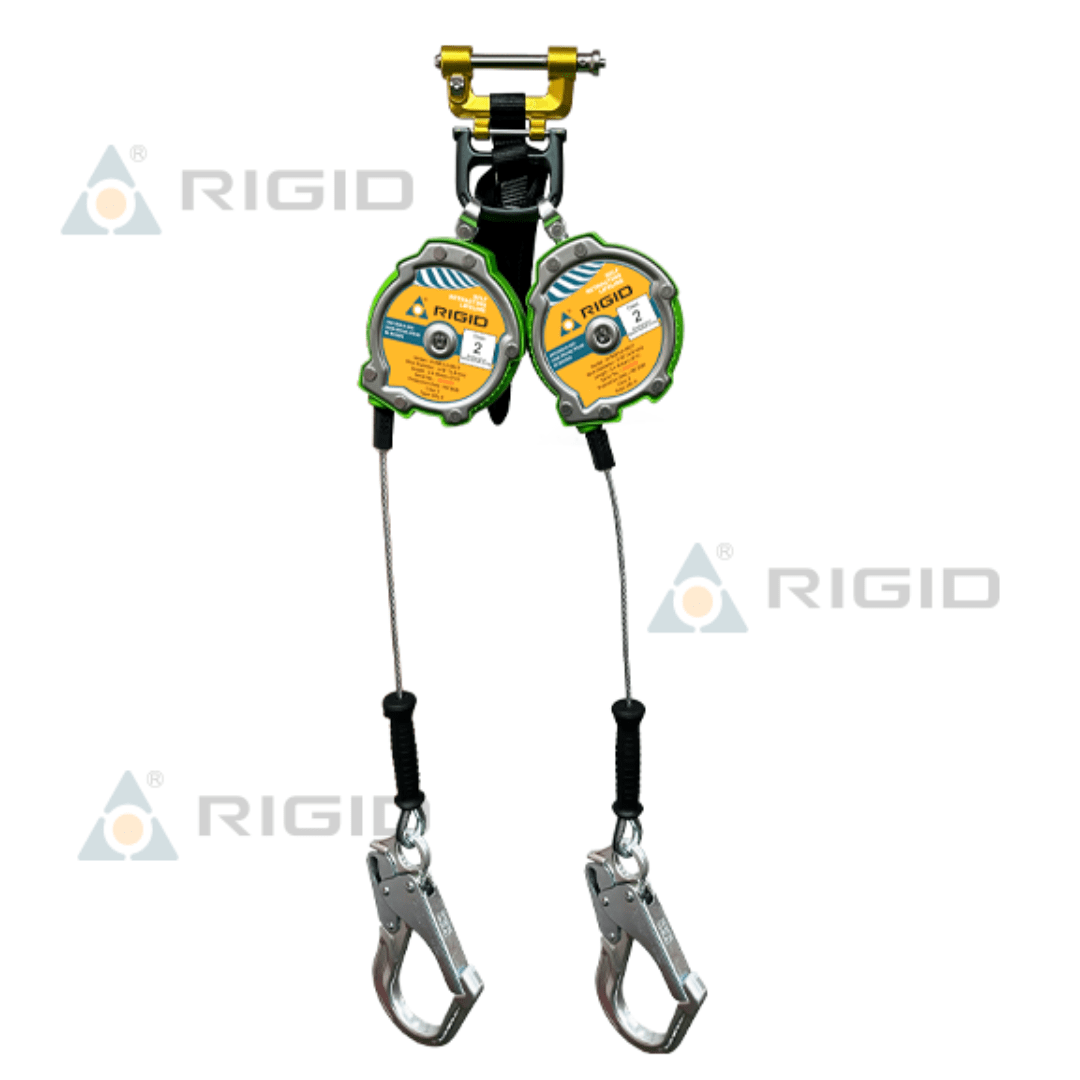 LINEA RETRACTIL DOBLE (TWIN) N 9457LE 08 LONGITUD:2.4 M (8 FT) CABLE DE ACERO:4.8 MM (3/16'') ABSORBEDOR INTERNO CONECTOR DUAL + GANCHO ALUMINIO 61 MM N 5271T RIGID1