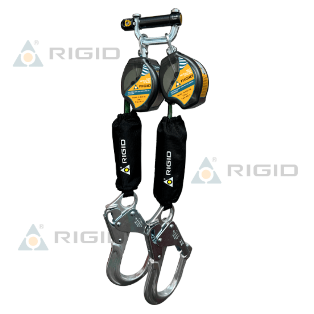 LINEA RETRACTIL DOBLE (TWIN) N 9327 06 LONGITUD:1.8 M (6 FT) CINTA:19 MM (3/4'') UHMW PE ABSORBEDOR EXTERNO CONECTOR DUAL N 331 + GANCHO ALUMINIO 61 MM N 5271T RIGID1