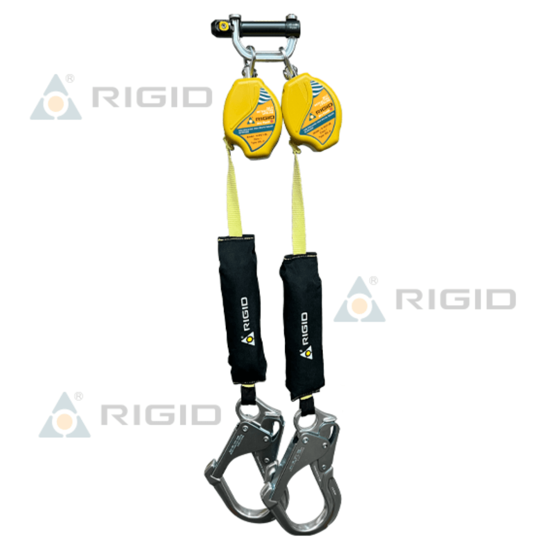 LINEA RETRACTIL DOBLE (TWIN) N 9158 06 LONGITUD:1.8 M (6 FT) CINTA:19 MM (3/4'') KEVLAR ABSORBEDOR INTERNO CONECTOR DUAL N 331 + GANCHO ALUMINIO 61 MM N 5271T RIGID