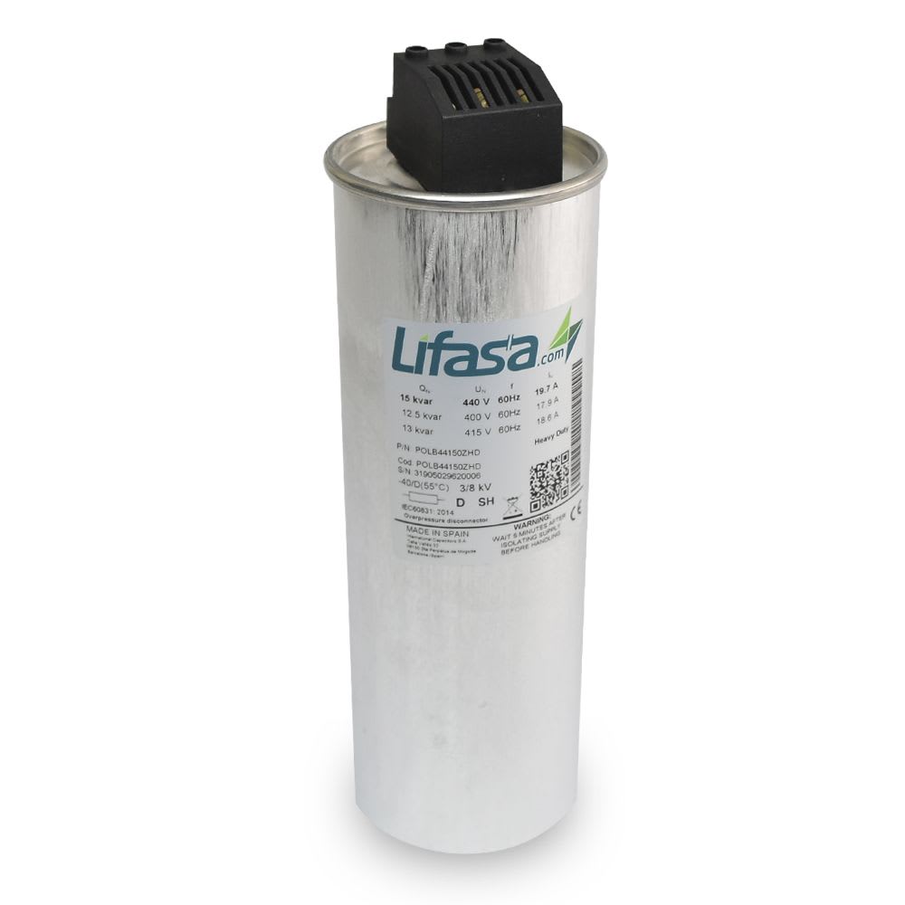 CONDENSADOR PARA FACTOR DE POTENCIA TUBULAR 15/11KVAR 460V/400V POLB46150ZHD LIFASA1