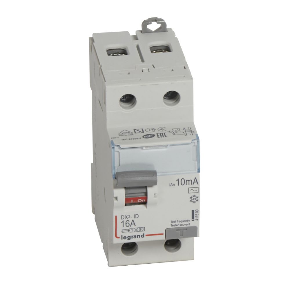 INTERRUPTOR DIFERENCIAL 2X16A 10MA 230V 2 MODULOS DIN DX3-ID 411500 LEGRAND