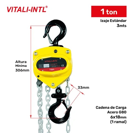TECLE MANUAL 1T YAL0100 3MTSCARGA 6X18MM(1) G80 - 3MTSMANDO 5X25X17MM(2) VITALI-INTL