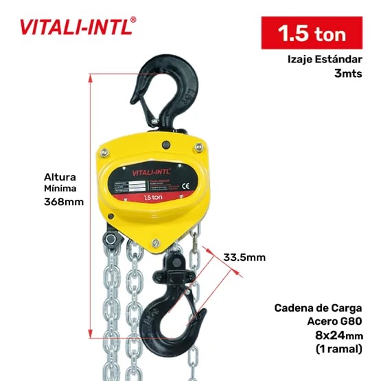 TECLE MANUAL 1.5T YAL0150 3MTSCARGA 8X24MM(1) G80 - 3MTSMANDO 5X25X17MM(2) VITALI-INTL