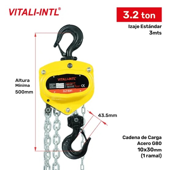 TECLE MANUAL 3.2T YAL0320 3MTSCARGA 10X30MM(1) G80 - 3MTSMANDO 5X25X17MM(2) VITALI-INTL1