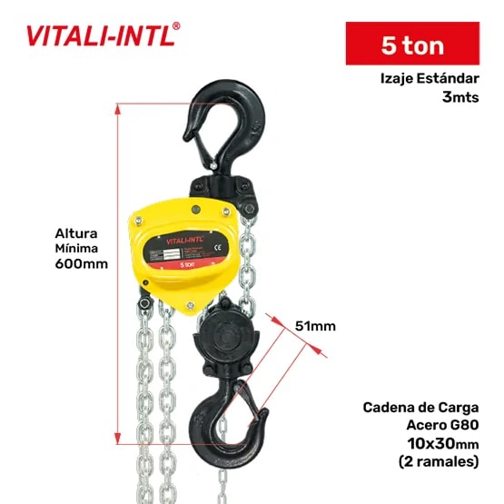 TECLE MANUAL 5T YAL0500 3MTSCARGA 10X30MM(2) G80 - 3MTSMANDO 5X25X17MM(2) VITALI-INTL