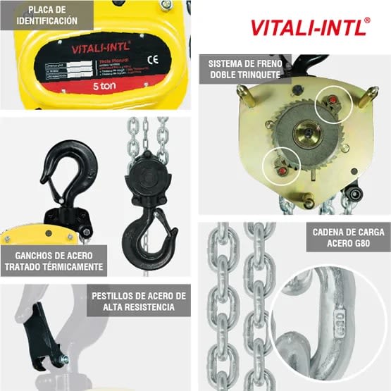 TECLE MANUAL 5T YAL0500 3MTSCARGA 10X30MM(2) G80 - 3MTSMANDO 5X25X17MM(2) VITALI-INTL7