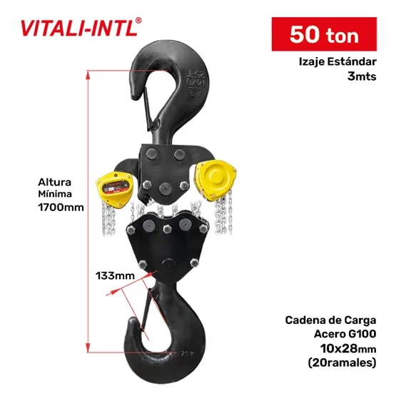TECLE MANUAL 50T YAL5000 3MTSCARGA 10X28MM(20) G100 - 3MTSMANDO 5X25X18MM(4) VITALI-INTL