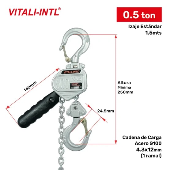 TECLE RACHET 0.5T YAL050MINI ''A'' 1.5MTSCARGA 4.3X12MM(1) G100 VITALI-INTL1