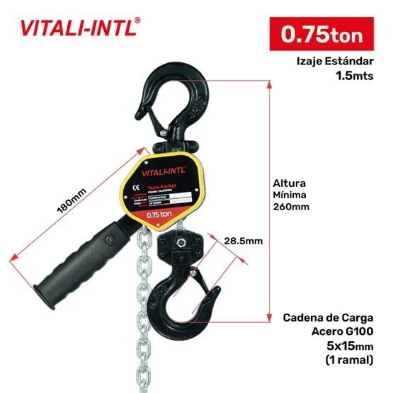 TECLE RACHET 0.75T YAL075MINI ''B'' 1.5MTSCARGA 5X15MM(1) G100 VITALI-INTL1