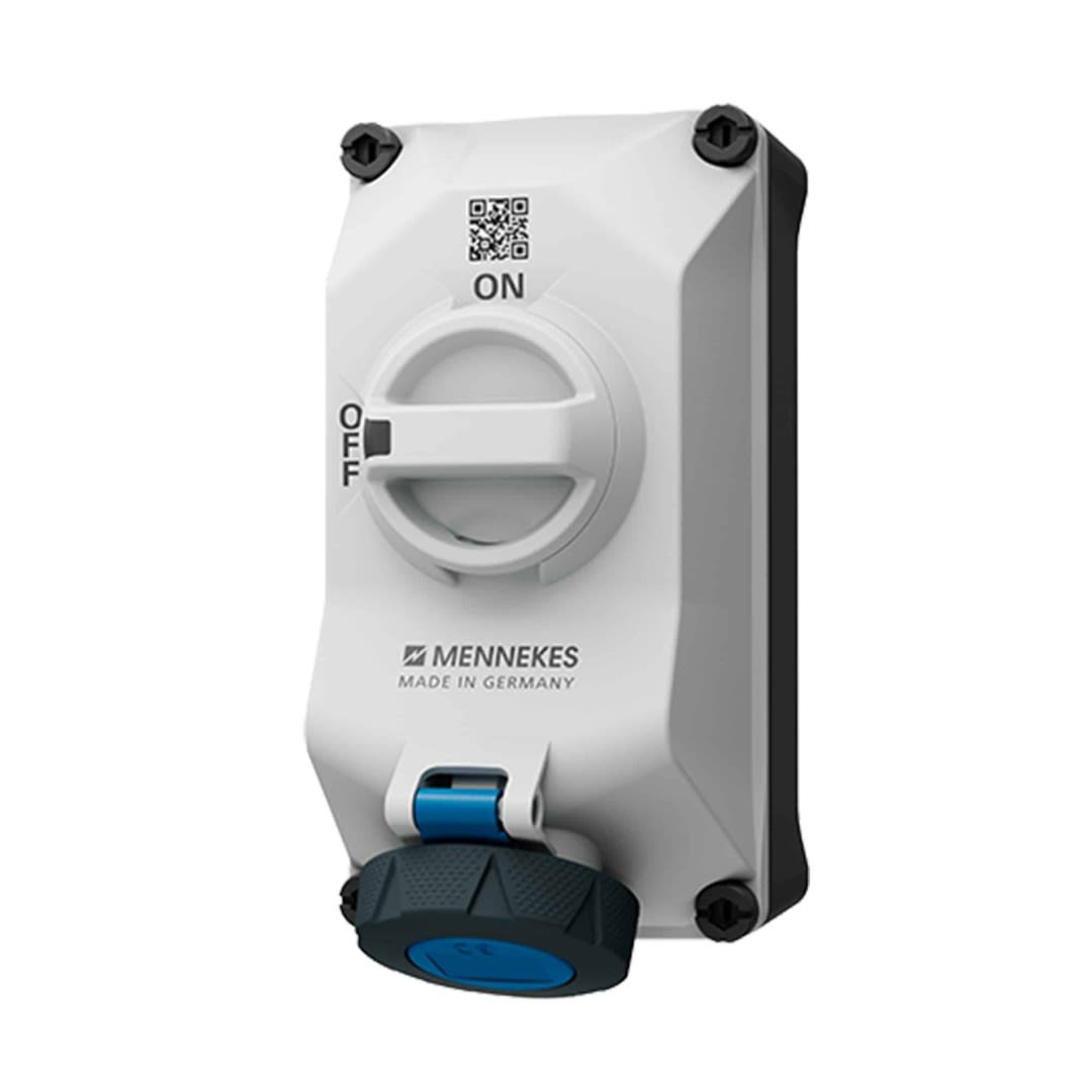 TOMA VISIBLE 16AMP 2P+T 250V C/INTERRUP. POR ENCLAVAM. MECANICO AZUL 6H IP67/69 XCONTACT REEMPLAZO 7012A MENNEKES